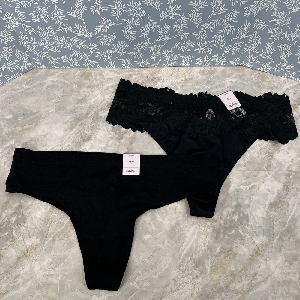 NEW lot Auden black thong panties seamless lace high rise sexy underwear 2pr 1X